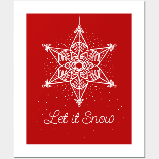 Let it Snow Christmas white snowflake illustration. Hand-drawn macrame snowflakes trendy illustration. Posters and Art